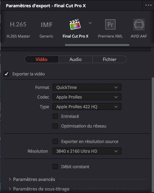 export pour FCPX depuis Davinci