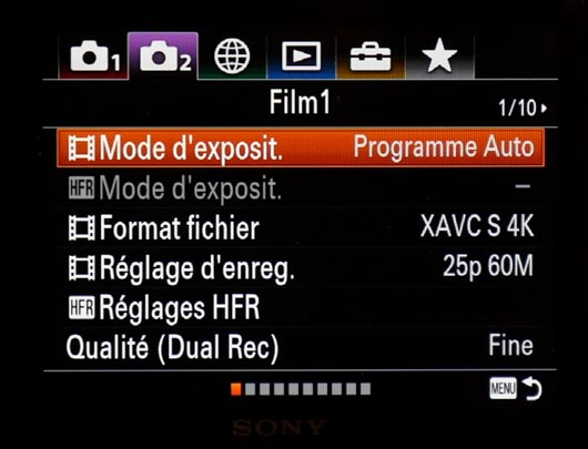 Tous les menus vido du Sony DSC-RX10 M4